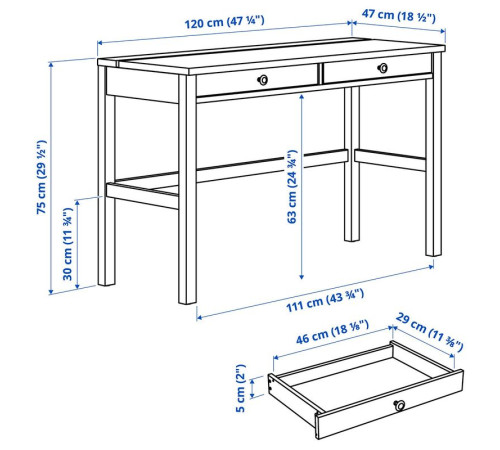 Biurko z 2 szufladami, biała bejca/jasnobrązowy HEMNES 305.349.54