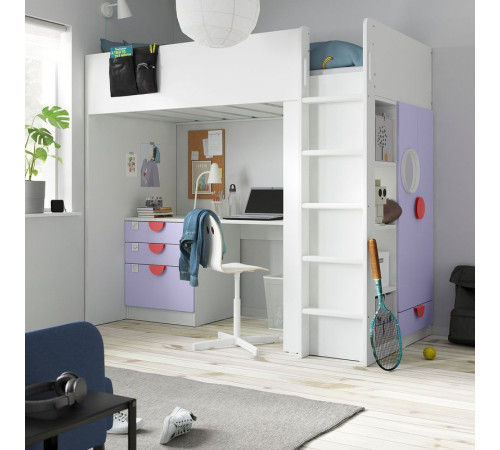 Łóżko na antresoli, biały liliowy/z biurkiem z 4 szufladami SMÅSTAD 195.426.39