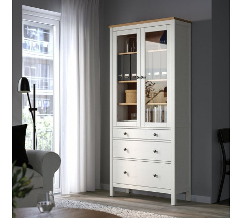 Witryna z 3 szufladami, biała bejca/jasnobrązowy HEMNES 504.135.07