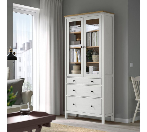 Witryna z 3 szufladami, biała bejca/jasnobrązowy HEMNES 504.135.07