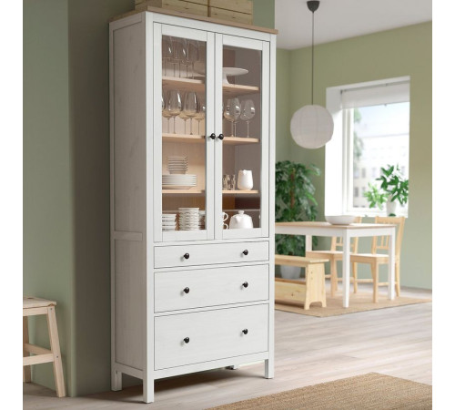 Witryna z 3 szufladami, biała bejca/jasnobrązowy HEMNES 504.135.07