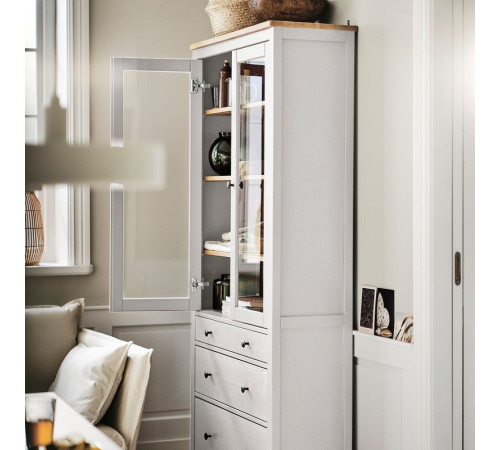 Witryna z 3 szufladami, biała bejca/jasnobrązowy HEMNES 504.135.07