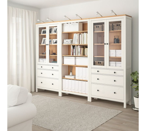 Kombinacja regałowa z drzw/szuf, biała bejca/jasnobrązowy HEMNES 093.840.51