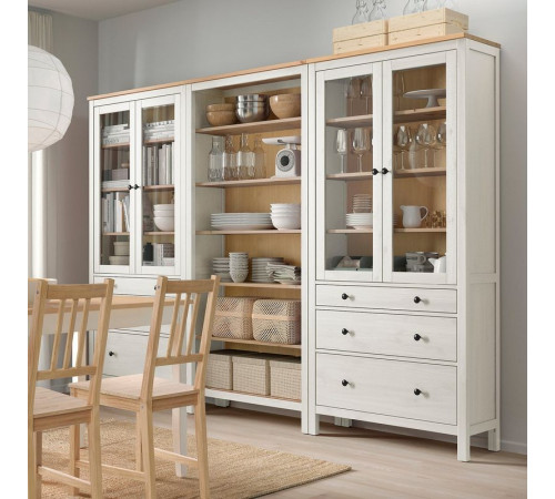 Kombinacja regałowa z drzw/szuf, biała bejca/jasnobrązowy HEMNES 093.840.51