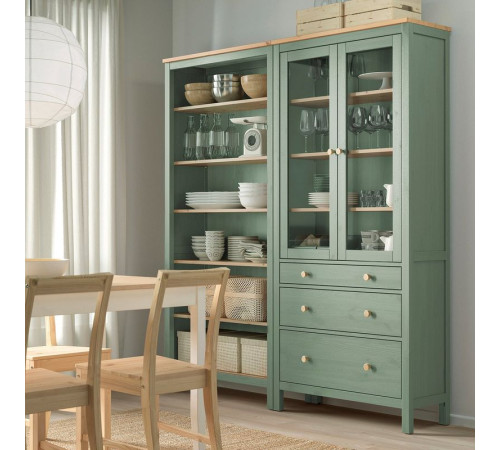 Kombinacja regałowa z drzw/szuf, szarozielony/bejca jasnobrązowa HEMNES 196.023.41