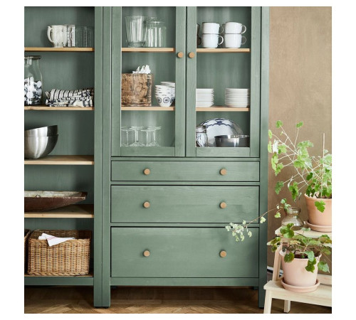 Kombinacja regałowa z drzw/szuf, szarozielony/bejca jasnobrązowa HEMNES 395.910.68