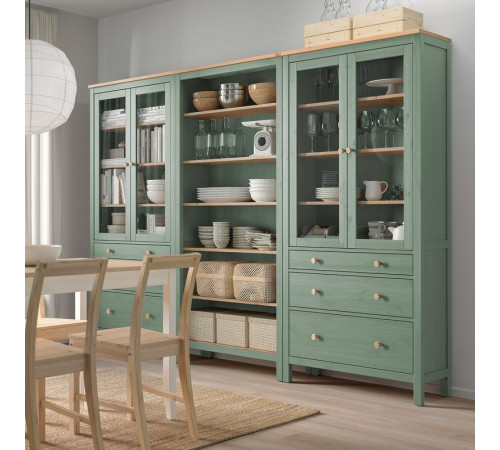 Kombinacja regałowa z drzw/szuf, szarozielony/bejca jasnobrązowa HEMNES 395.910.68