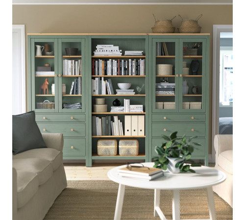 Kombinacja regałowa z drzw/szuf, szarozielony/bejca jasnobrązowa HEMNES 395.910.68