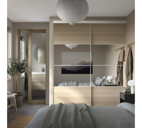 Szafa z drzwiami przesuwnymi, biały Mehamn/Auli/imitacja dębu bejcowanego na biało lustro SKYTTA / BOAXEL 795.621.96
