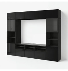 BESTÅ kombinacja na TV/szklane drzwi, czarnybrąz/Selsviken połysk/czarne przezroczyste szkło, 300x42x231 cm
