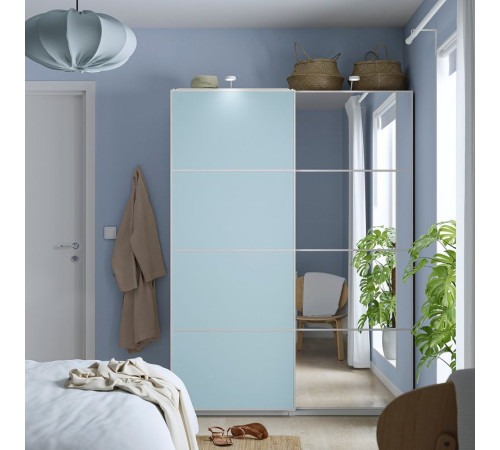 Drzwi przesuwne, aluminium 2str/jasnoniebieski lustro MEHAMN/AULI 595.521.79