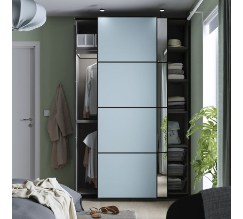 Szafa z przesuwanymi drzwiami, ciemnoszary 2str/jasnoniebieski lustro PAX / MEHAMN/AULI 595.517.16