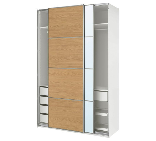 Szafa z przesuwanymi drzwiami, biały aluminium/imit. dębu lustro PAX / MEHAMN/AULI 496.303.66