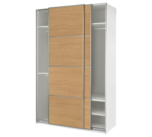 Szafa z przesuwanymi drzwiami, biały aluminium/2str imit. dębu PAX / MEHAMN 596.303.56