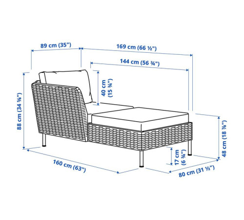 Szezlong modułowy, z podłokietnikiem na zewnątrz/rattan z tworzywa sztu. ciemnoszary Frösön/Duvholmen beżowy VITTSKÄR 095.912.58