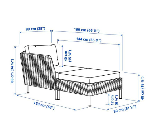 Szezlong modułowy, z podłokietnikiem na zewnątrz/rattan z tworzywa sztu. ciemnoszary Frösön/Duvholmen beżowy VITTSKÄR 395.912.71