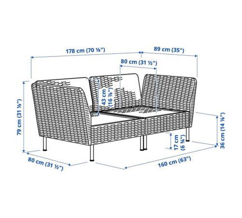 Sofa modułowa, 2-osobowa, podłokietnik na zewnątrz/technorattan ciemnoszary VITTSKÄR 795.910.66