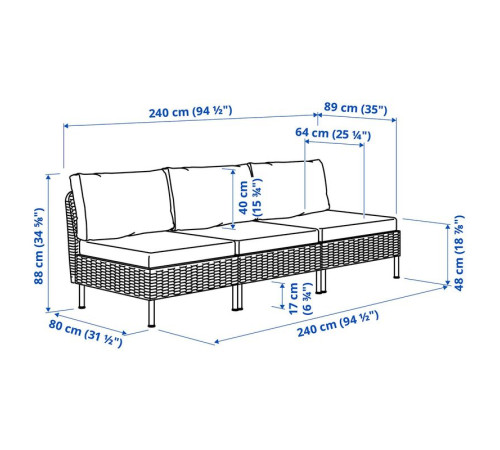 Sofa modułowa, 3-osobowa, na zewnątrz rattan z tworzywa sztu. ciemnoszary/Frösön/Duvholmen beżowy VITTSKÄR 795.911.27