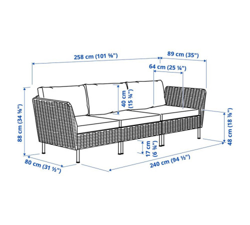 Sofa modułowa, 3-osobowa, podłokietnik na zewnątrz/rattan z tworzywa sztu. ciemnoszary Frösön/Duvholmen beżowy VITTSKÄR 995.911.50