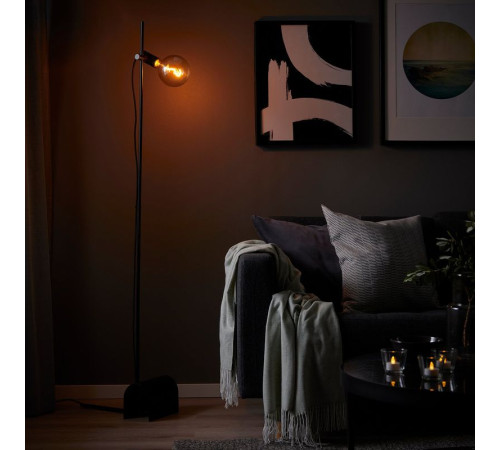 Lampa podłogowa z żarówką, czarny/kula szare szkło przezroczyste HÅRSLINGA / MOLNART 095.096.59