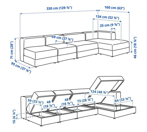 4,5-os sofa modułowa z szezlongiem, prawy/Axvall ciemny szaroniebieski JÄTTEBO 896.077.12