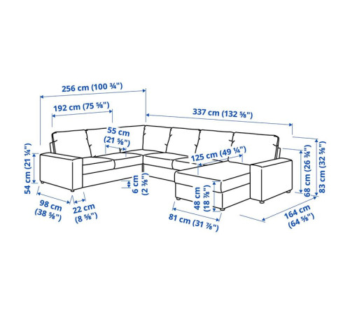 Narożna sofa 5o z szezl, z szerokimi podłokietnikami/Hillared antracyt VIMLE 994.366.92
