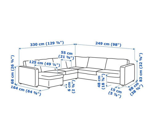 Narożna sofa 5o z szezl, z szerokimi podłokietnikami/Lejde szary-czarny VIMLE 994.367.34