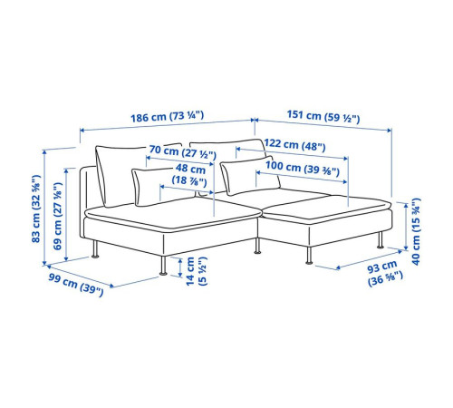 Sofa 2-osobowa z szezlongiem, Knäbäck antracyt SÖDERHAMN 996.071.08