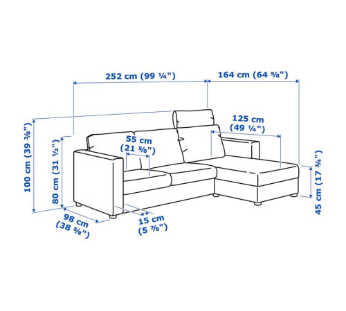 Sofa 3-osobowa, z szezlongiem z zagłówkiem/Grann/Bomstad czarny VIMLE 093.062.61
