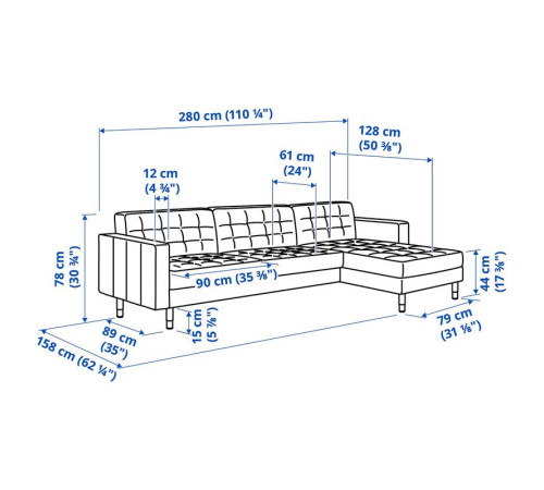 Sofa 4-osobowa, z szezlongiem/Grann/Bomstad czarny/metal LANDSKRONA 290.324.06