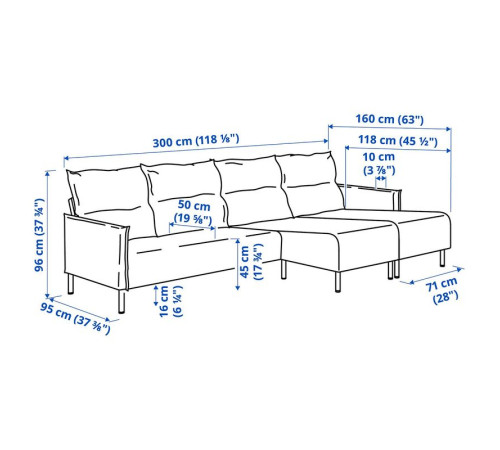 Sofa 4 osobowa z szezlongiem, Saxemara czarnoniebieski MANNARP 296.040.90