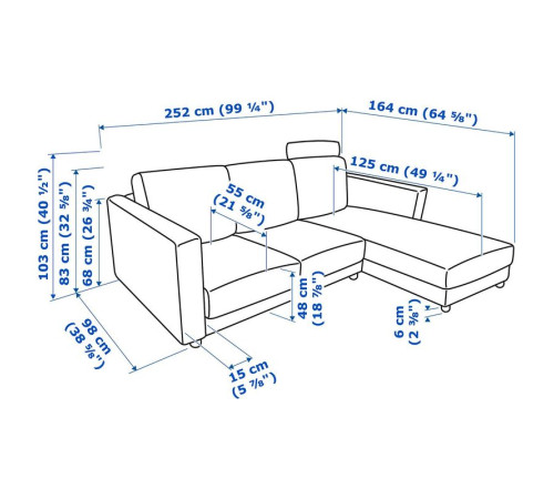 Sofa 3-osobowa, z szezlongiem z zagłówkiem/Lejde szary-czarny VIMLE 394.343.99