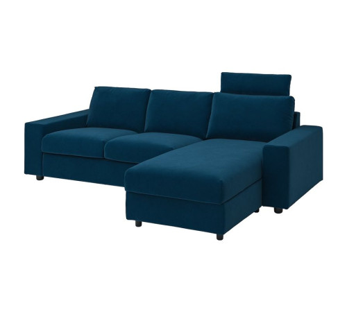 Sofa 3-osobowa z szezlongiem, z szerokimi podłokietnikami z zagłówkiem/Djuparp ciemnozielononiebieski VIMLE 494.326.82