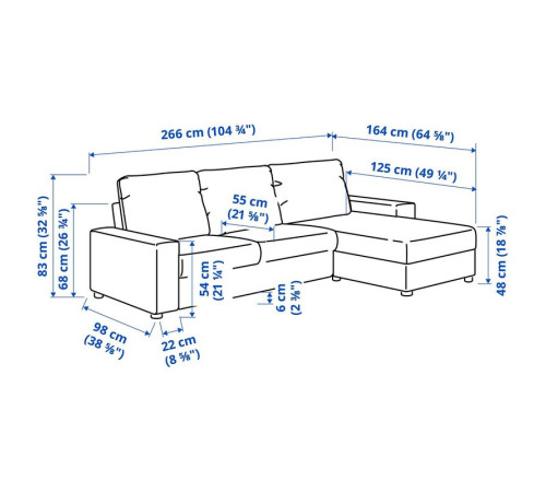 Sofa 3-osobowa z szezlongiem, z szerokimi podłokietnikami/Lejde czerwony/brązowy VIMLE 594.328.13