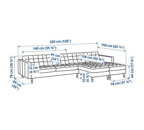 Sofa 4 osobowa z szezlongiem, Grann/Bomstad czarny/drewno LANDSKRONA 595.542.77