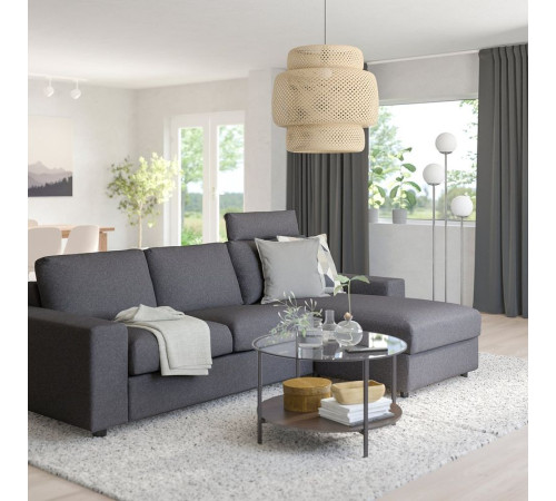 Sofa 3-osobowa z szezlongiem, z zagłówkiem z szerokimi podłokietnikami/Gunnared średnioszary VIMLE 694.012.98