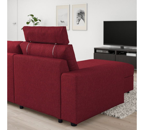 Sofa 3-osobowa z szezlongiem, z szerokimi podłokietnikami z zagłówkiem/Lejde czerwony/brązowy VIMLE 994.328.11