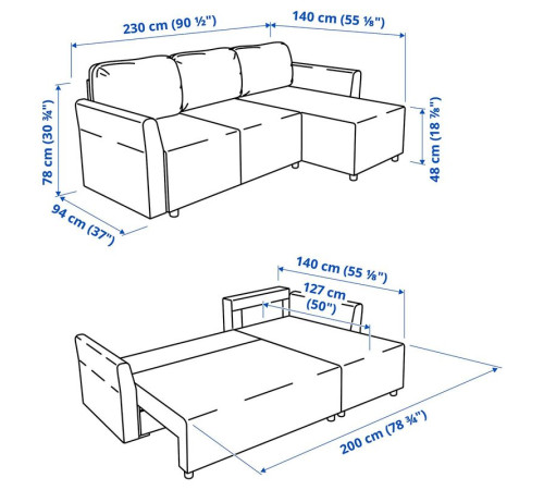 3-os sofa rozkładana z szezlongiem, Hakebo ciemnoszary BRISSUND 605.808.69
