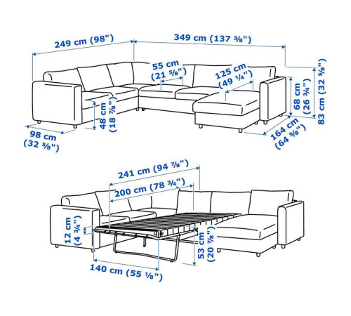 Narożna sofa rozkł, 5-os, z szezlongiem/Djuparp ciemnoszary VIMLE 695.372.49