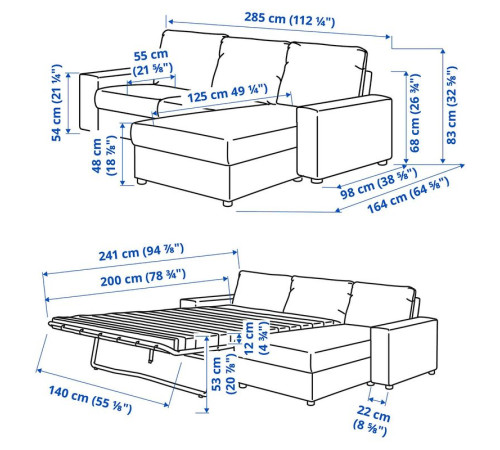 3-os sofa rozkładana z szezlongiem, z szerokimi podłokietnikami/Djuparp ciemnozielononiebieski VIMLE 295.372.70
