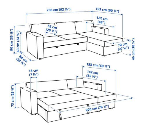 3-os sofa rozkładana z szezlongiem, Tibbleby jasny szaroturkusowy BÅRSLÖV 805.308.16