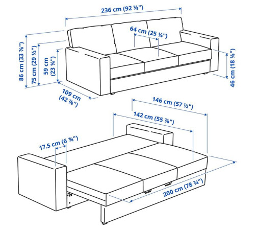Sofa 3-osobowa, rozkładana, Tibbleby jasny szaroturkusowy BÅRSLÖV 305.415.82