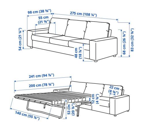 Sofa 3-osobowa, rozkładana, z szerokimi podłokietnikami/Djuparp ciemnozielononiebieski VIMLE 595.372.78