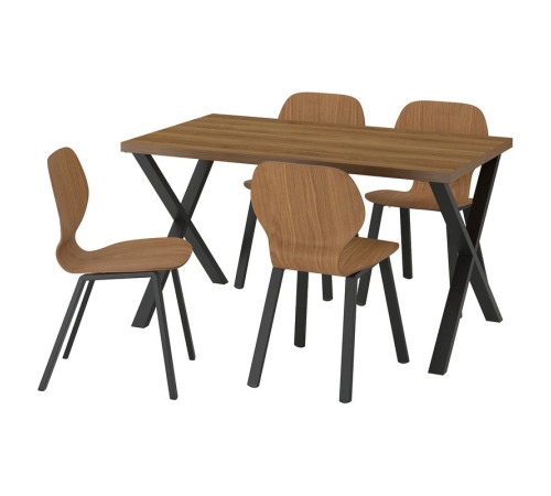 Stół i 4 krzesła, orzech w kształcie litey X czarnoszary/okleina orzechowa z profilowanego metalu/czarnoszary SKÅLSTA 096.089.99