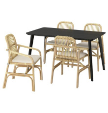 Stół + 4 krzesła z podłokietnikami, czarny rattan/Gransel naturalny LISABO / SALNÖ 495.646.15