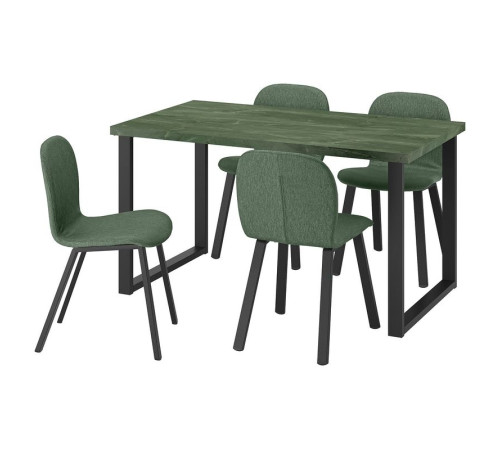 SKÅLSTA stół i 4 krzesła, ciemna szarozielona im. marmuru w kształcie litery U czarnoszary/Knäbäck szarozielony z profilowanego metalu/czarnoszary, 140x80 cm