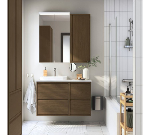 Szafka pod umyw/umywalka/bateria, brązowy imit. dębu/biały imitacja marmuru ÄNGSJÖN / BACKSJÖN 395.284.68