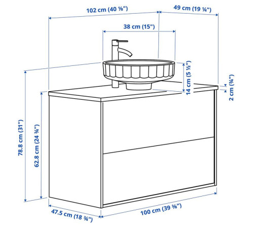 Szaf umyw z szufladami/umyw/bateria, imit. dębu/biały imitacja marmuru ÄNGSJÖN / LERSJÖN 495.712.96