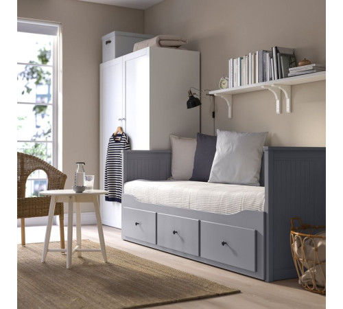 Leżanka z 3 szufladami, 2 materace, szary/Vannareid twardy HEMNES 993.909.48